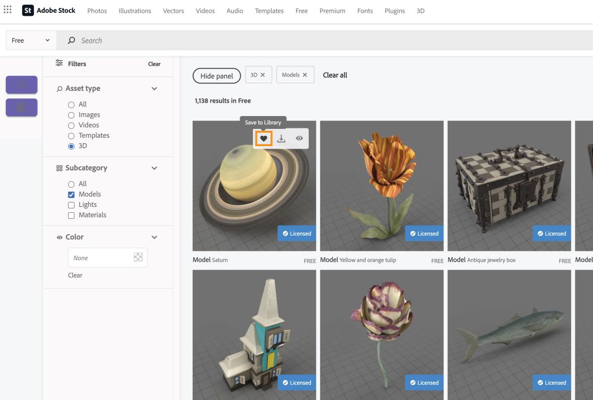 Seleccione un modelo 3D en Adobe Stock y utilice la opción Guardar en biblioteca para añadirlo a la biblioteca. 