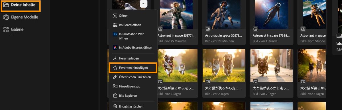 Die generierten Bilder werden auf der Seite „Generierungsverlauf“ aufgeführt, und es stehen Menüoptionen zur Auswahl.