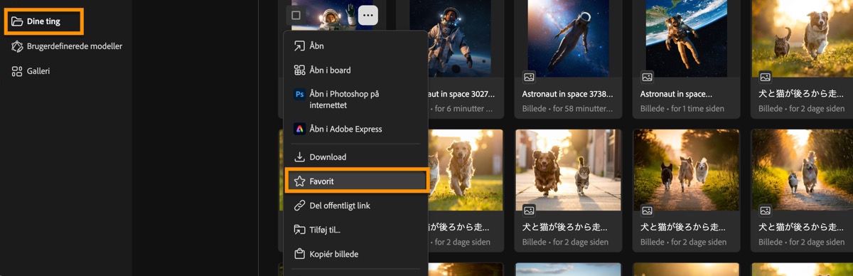 De genererede billeder vises på siden Genereringshistorik, og der er menuindstillinger at vælge imellem.
