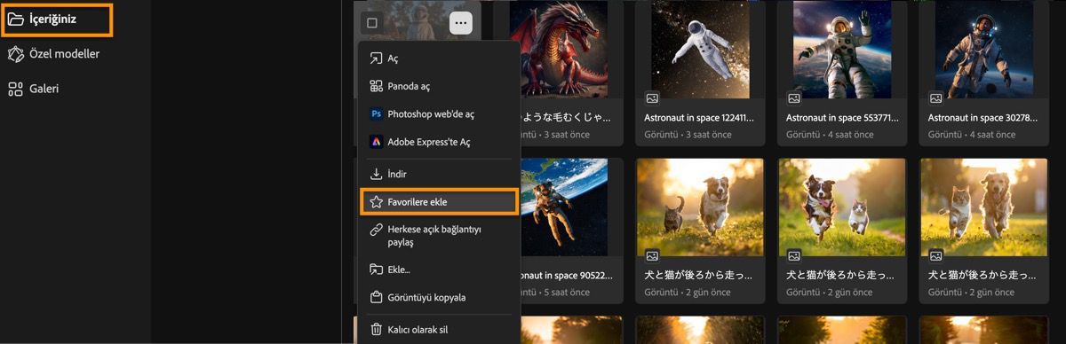 Oluşturulan görüntüler, Oluşturma Geçmişi sayfasında listelenir ve aralarından seçim yapabileceğiniz menü seçenekleri bulunur.