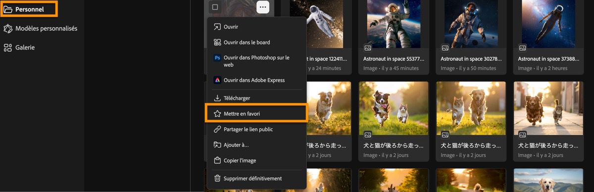 Les images générées sont répertoriées dans la page Historique des générations et des options du menu sont affichées.