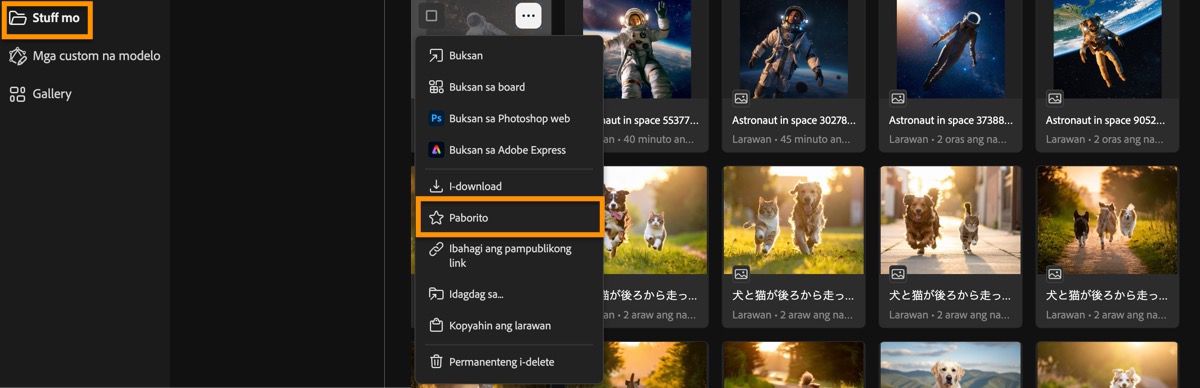 Generoidut kuvat näkyvät Generointihistoria-sivulla, jossa on myös valikko eri vaihtoehtoineen.