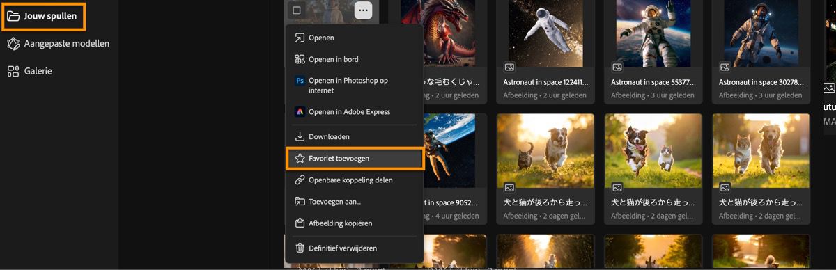 De gegenereerde afbeeldingen worden weergegeven op de pagina Generatiehistorie en je kunt kiezen uit verschillende menu-opties.