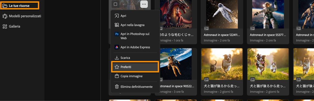 Le immagini generate sono elencate nella pagina Cronologia generazione e sono disponibili delle opzioni di menu da scegliere.