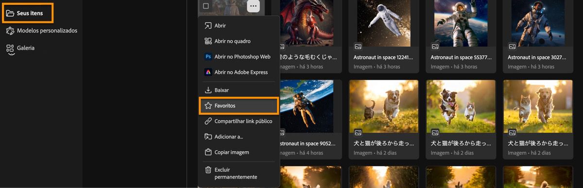 As imagens geradas são listadas na página Histórico de geração e há opções de menu para escolher.