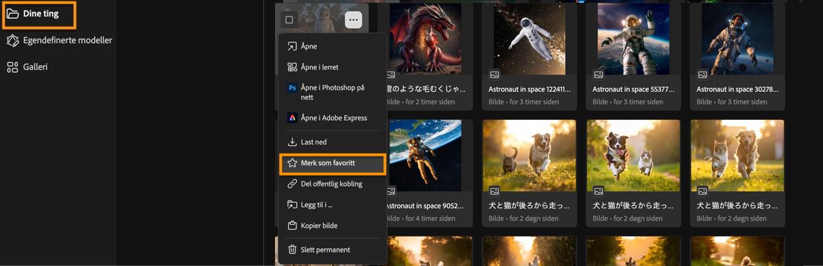 De genererte bildene er oppført på siden med genereringshistorikk, og det finnes menyalternativer å velge blant.