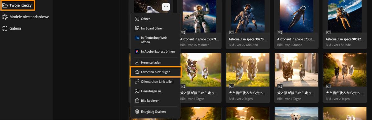 Wygenerowane obrazy są wymienione na stronie historii generacji i dostępne są opcje menu do wyboru.
