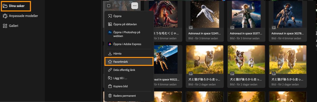 De genererade bilderna visas på sidan Genereringshistorik där det finns olika menyalternativ att välja mellan.