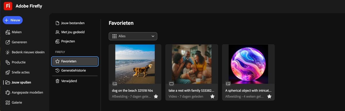 De afbeelding wordt als favoriet weergegeven op het tabblad Favorieten van de pagina Bestanden.