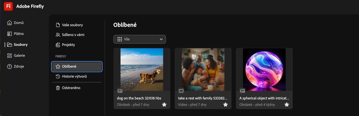 Obrázek je uveden jako oblíbený na kartě Oblíbené na stránce Soubory.