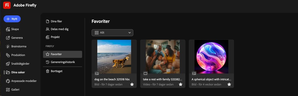 Bilden visas som favorit på fliken Favoriter på sidan Filer.