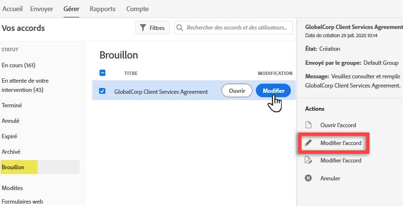 Modifier un brouillon d’accord
