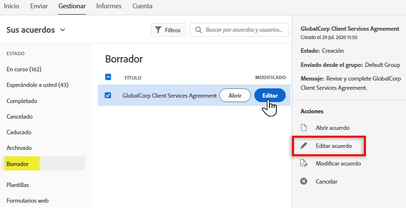 Edición de un acuerdo en estado de borrador