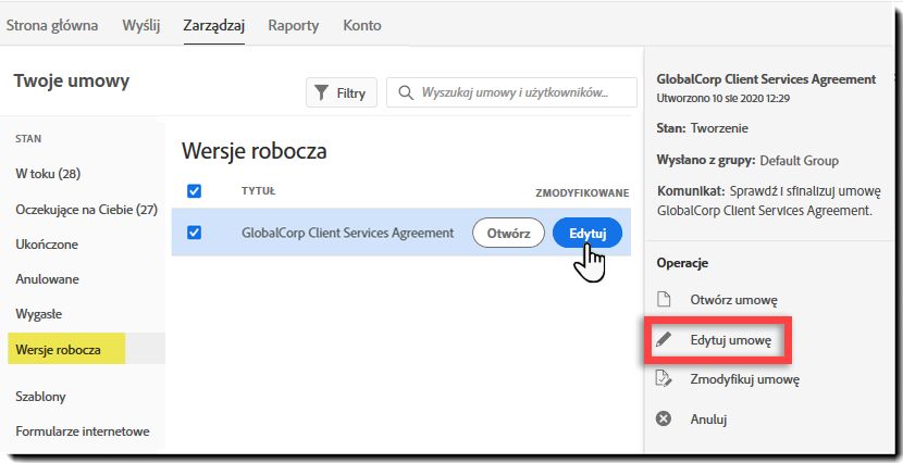 Edycja wersji roboczej umowy