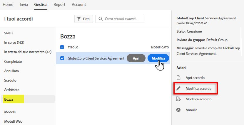 Modificare una bozza di accordo