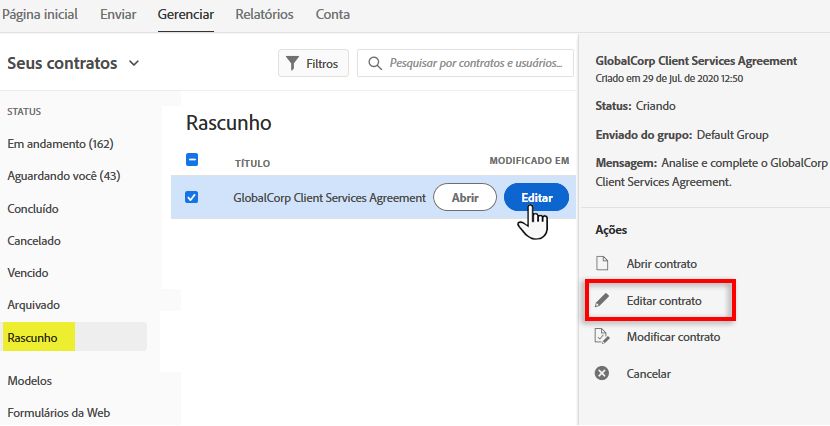 Editar um contrato de rascunho