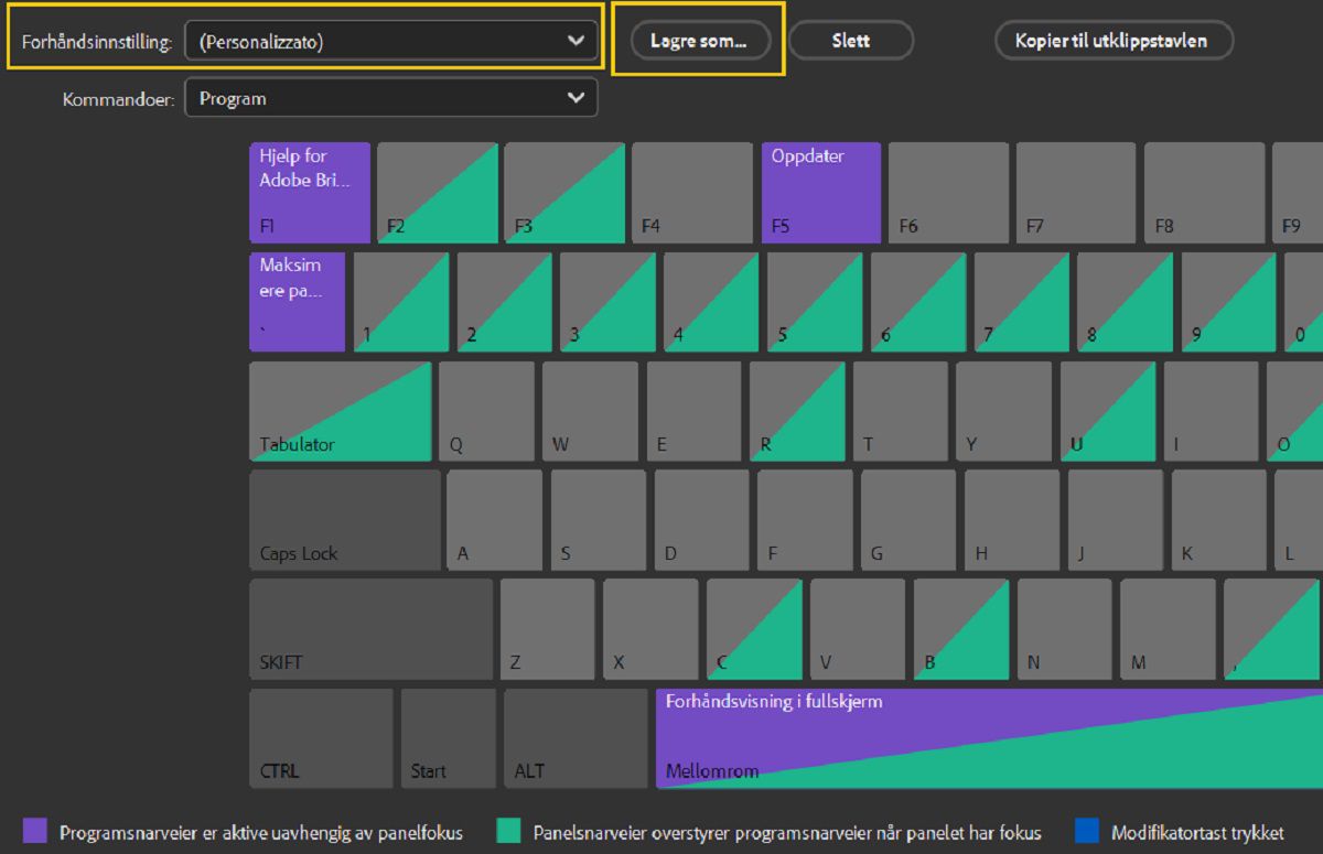 Lagre de egendefinerte hurtigtastene i Adobe Bridge.