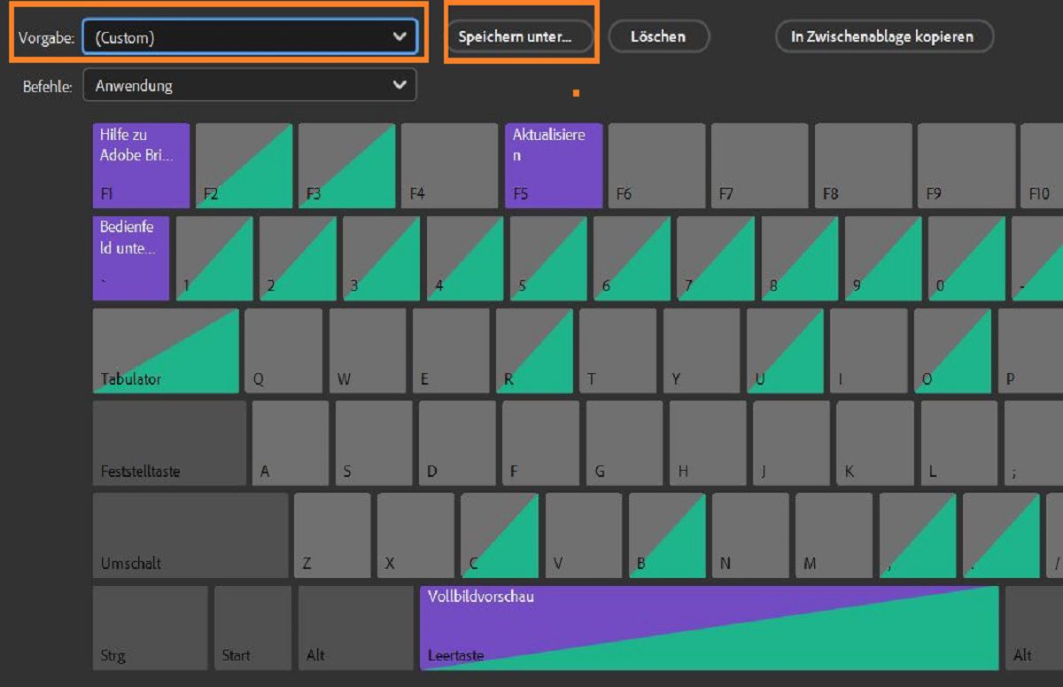 Speichere die benutzerdefinierten Tastaturbefehle in Adobe Bridge.
