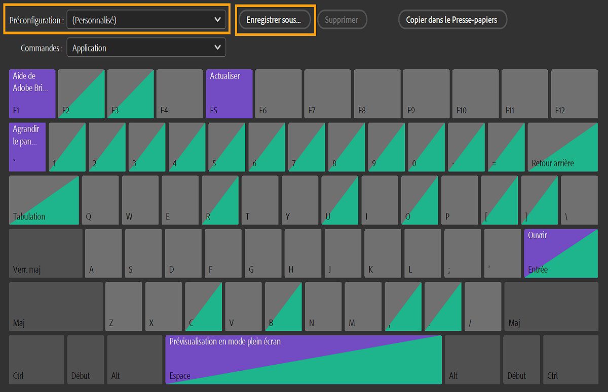 Enregistrez les raccourcis clavier personnalisés dans Adobe Bridge.