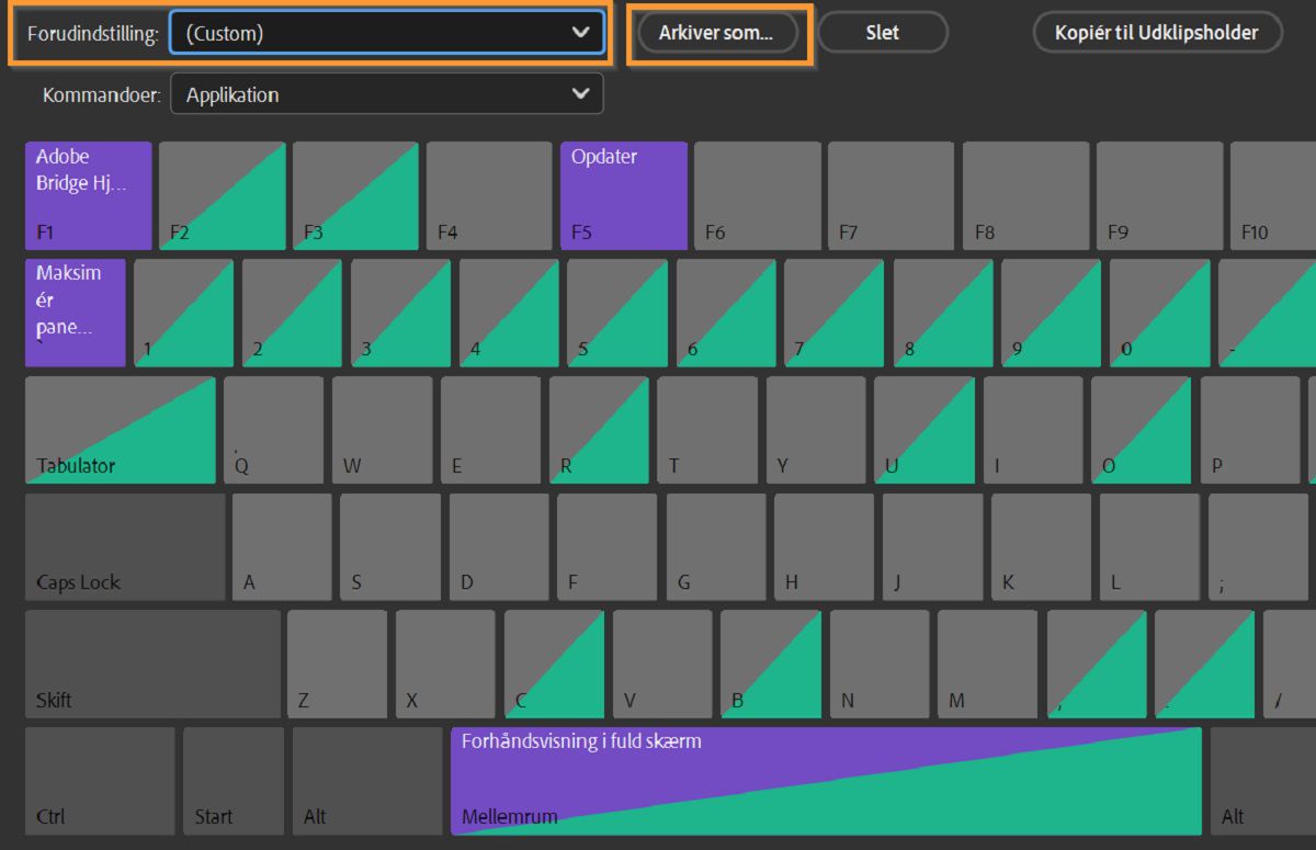 Gem de brugerdefinerede tastaturgenveje i Adobe Bridge.
