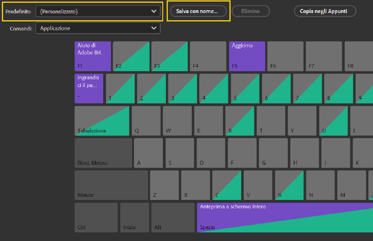 Salvate le scelte rapide da tastiera personalizzate in Adobe Bridge.