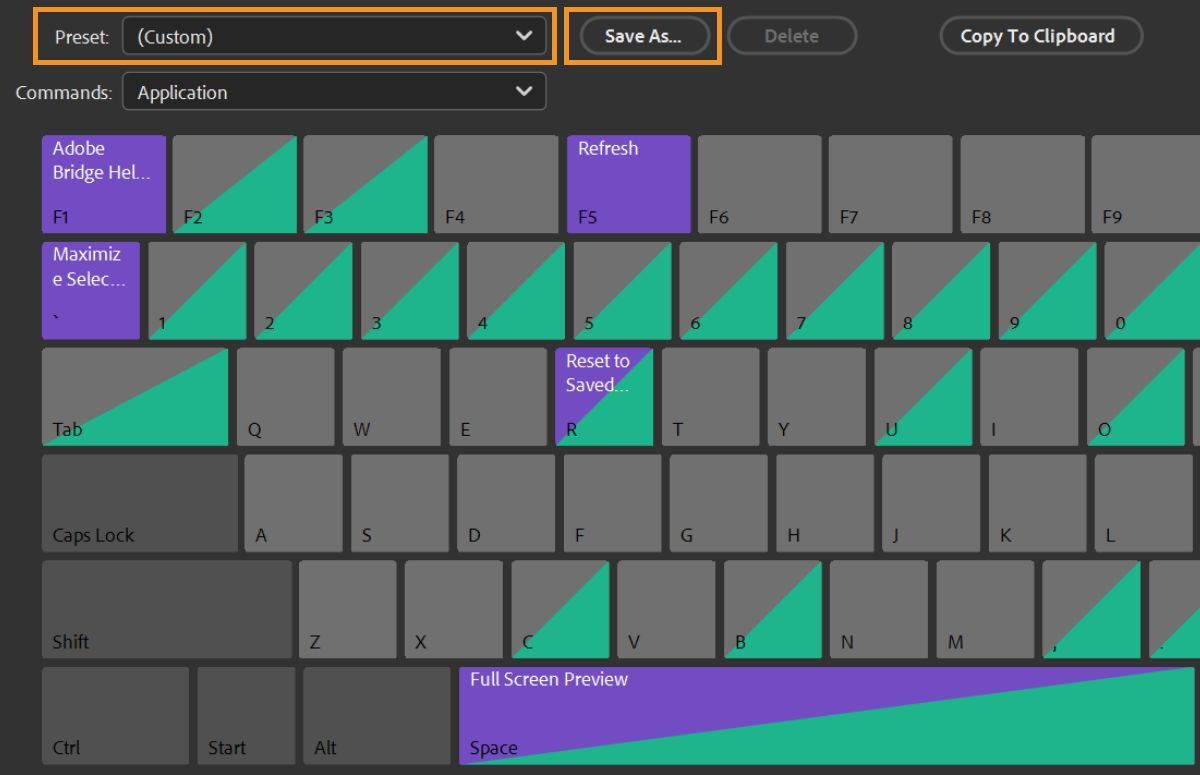 Save the custom keyboard shorcuts in Adobe Bridge.