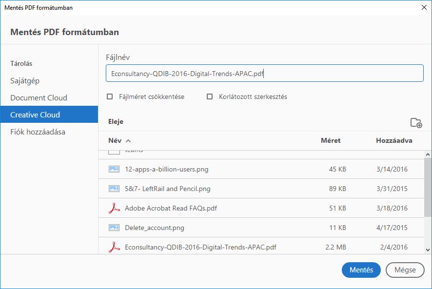 Személyre szabott Mentés másként párbeszédpanel