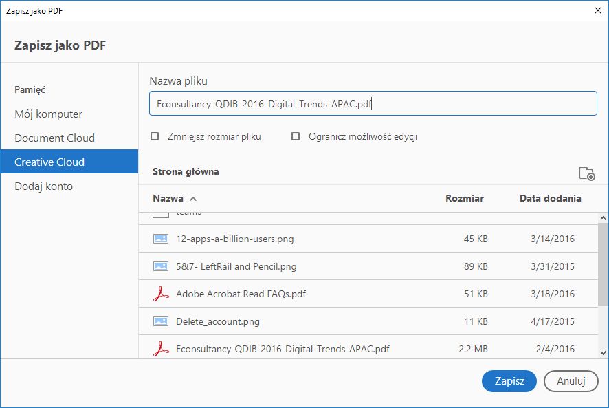 Niestandardowe okno dialogowe Zapisz jako