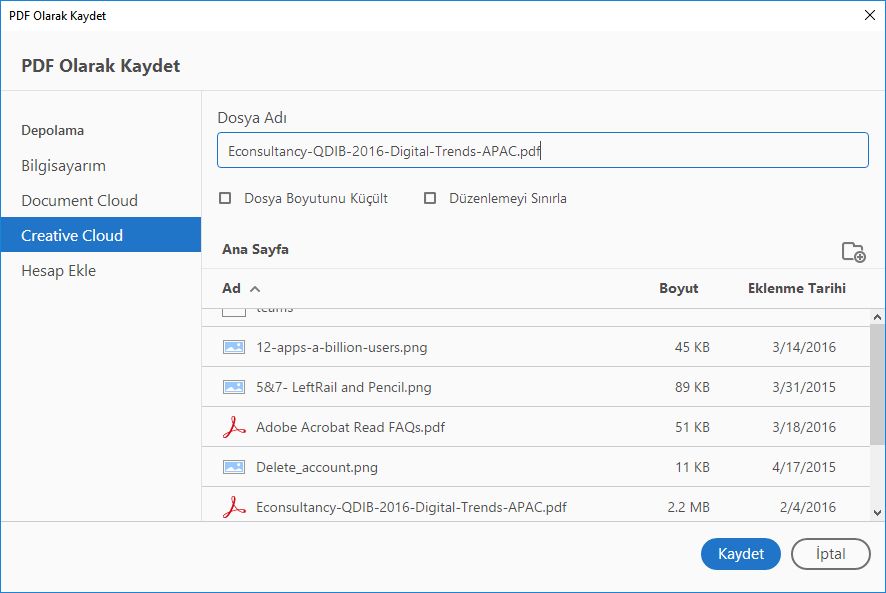 Özel Farklı Kaydet iletişim kutusu
