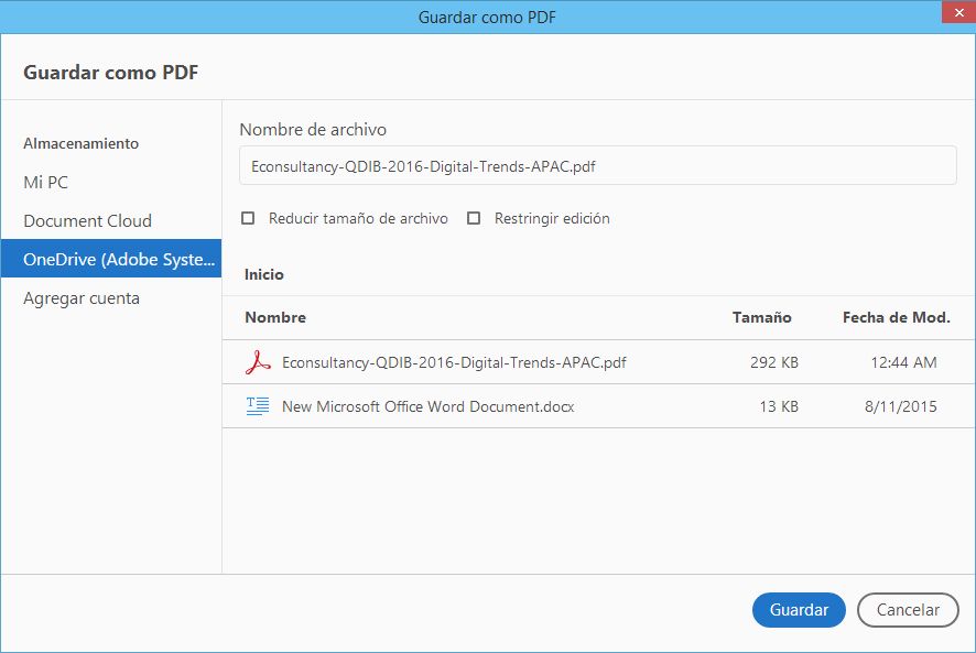 Cuadro de diálogo Guardar como personalizado
