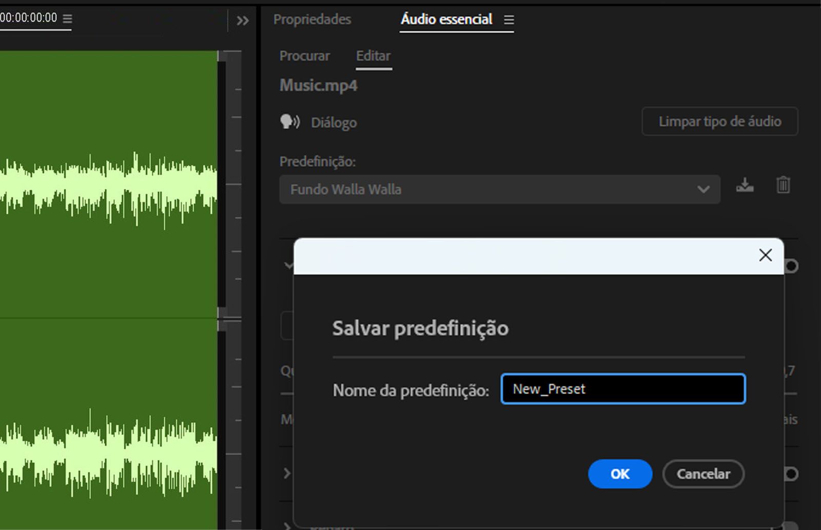 A caixa de diálogo “Salvar predefinição” é aberta para inserir um nome para a nova predefinição. 