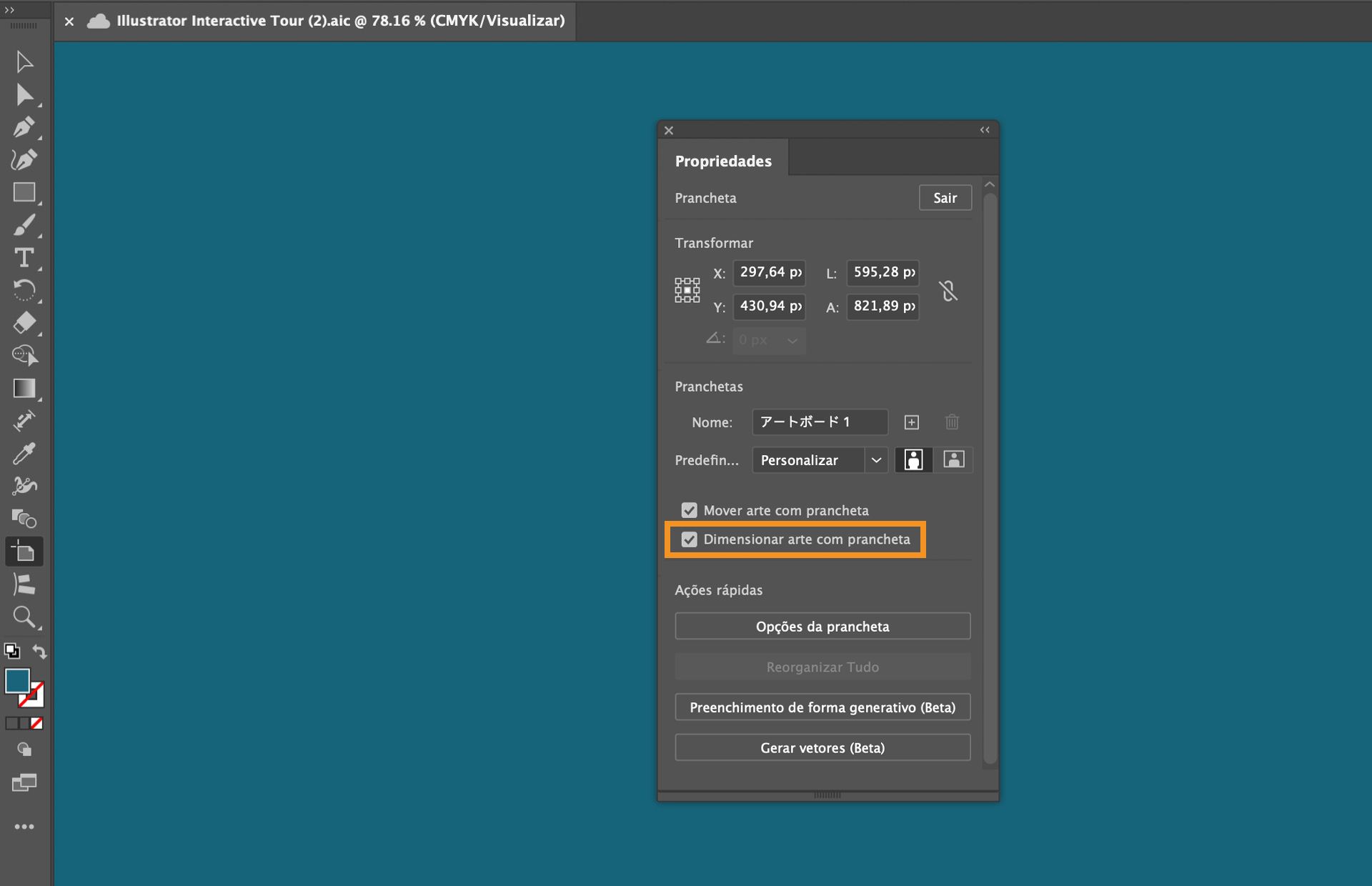 Área de trabalho do Adobe Illustrator mostrando o painel Propriedades com a opção &quot;Dimensionar arte com prancheta&quot; marcada.