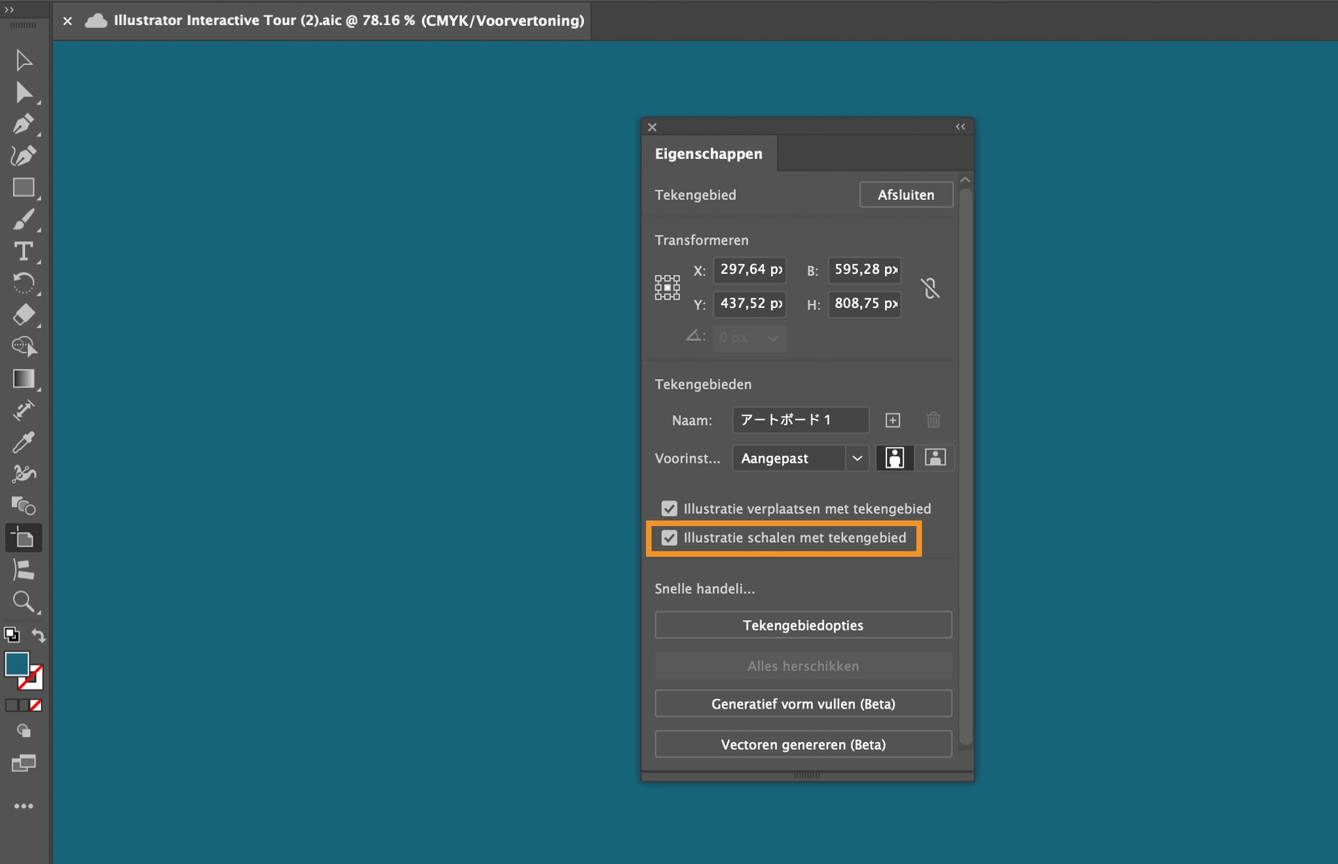 Adobe Illustrator-werkruimte met het deelvenster Eigenschappen, waarbij de optie 'Illustratie schalen met tekengebied' is geselecteerd.