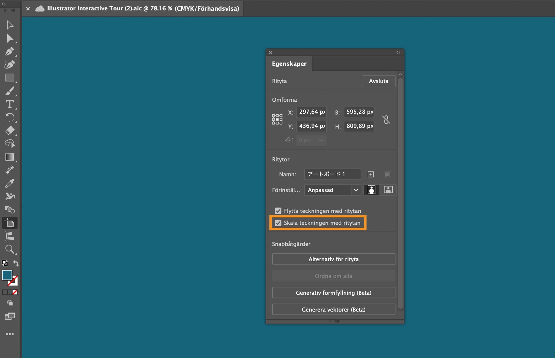 Adobe Illustrator-arbetsytan med panelen Egenskaper och alternativet Skala teckning med ritytan markerat.