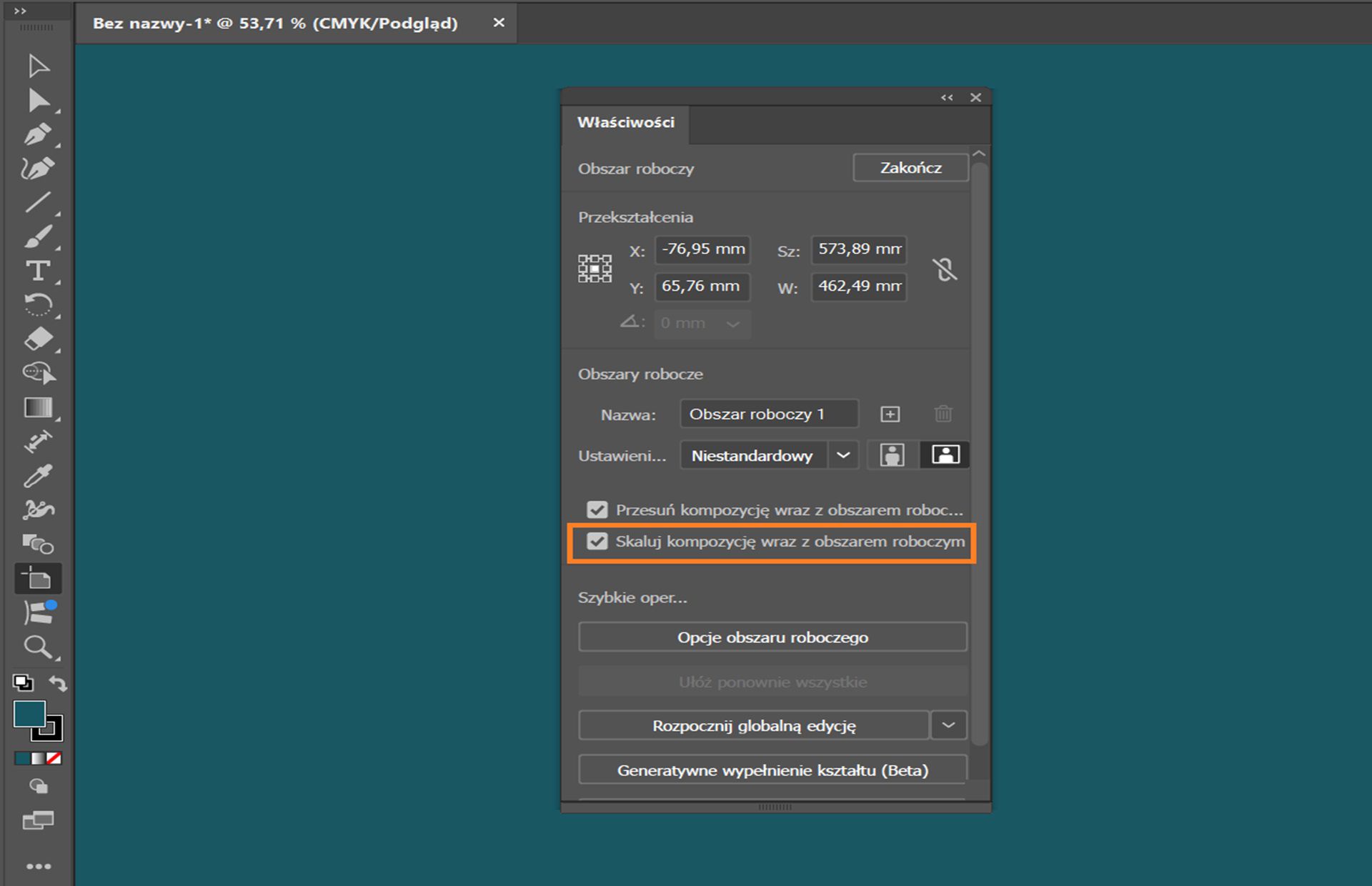 Przestrzeń robocza programu Adobe Illustrator przedstawiająca panel Właściwości z zaznaczoną opcją „Skaluj kompozycję wraz z obszarem kompozycji”.