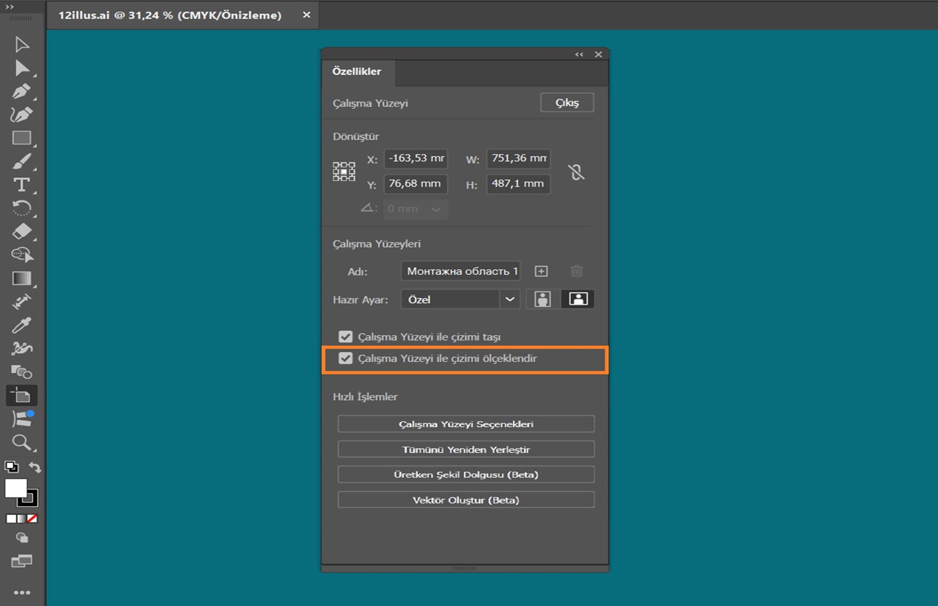 &quot;Çalışma Yüzeyi ile çizimi ölçeklendir&quot; seçeneğinin işaretli olduğu Özellikler panelini gösteren Adobe Illustrator çalışma alanı.