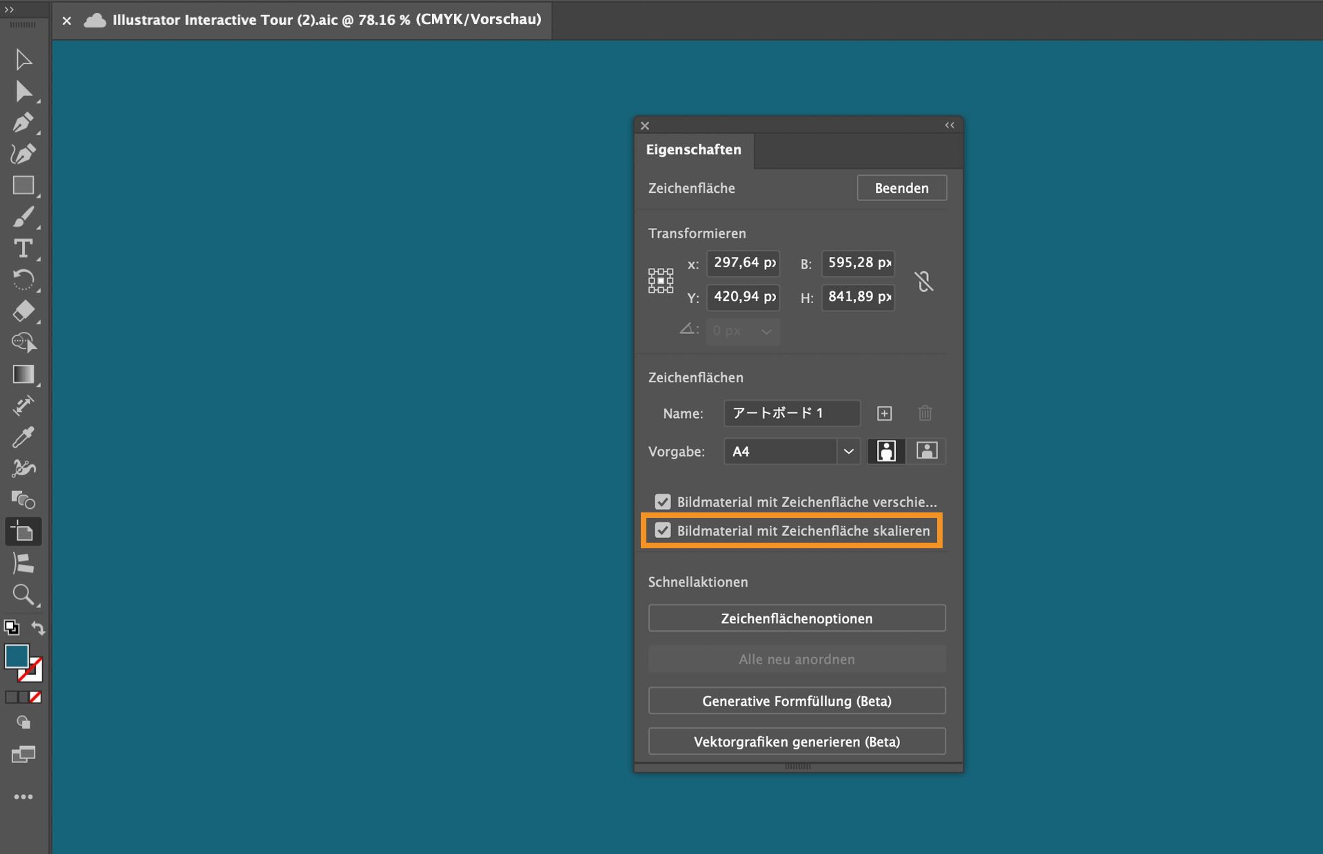 Adobe Illustrator-Arbeitsbereich mit dem Bedienfeld „Eigenschaften“, in dem die Option „Bildmaterial mit Zeichenfläche skalieren“ aktiviert ist.