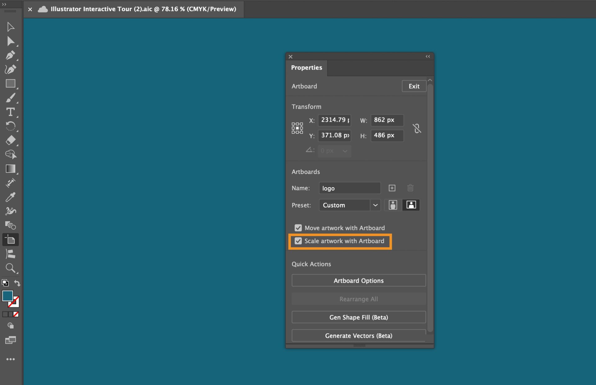 סביבת העבודה של Adobe Illustrator מציגה את החלונית Properties עם האפשרות המסומנת &quot;Scale artwork with Artboard&quot;.