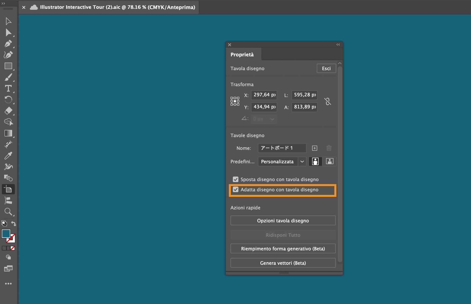 Area di lavoro di Adobe Illustrator che mostra il pannello Proprietà con l'opzione “Adatta disegno con tavola disegno” selezionata.