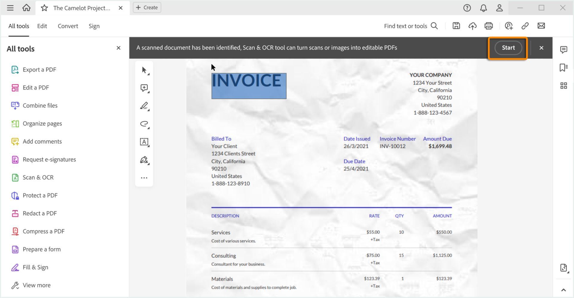 Invitation à utiliser l’outil Scan et OCR pour un PDF numérisé