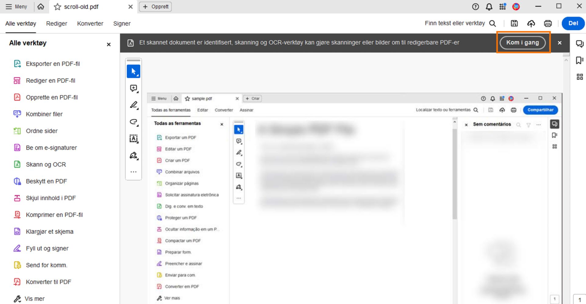 Spør om å bruke Skann og OCR-verktøy for en skannet PDF
