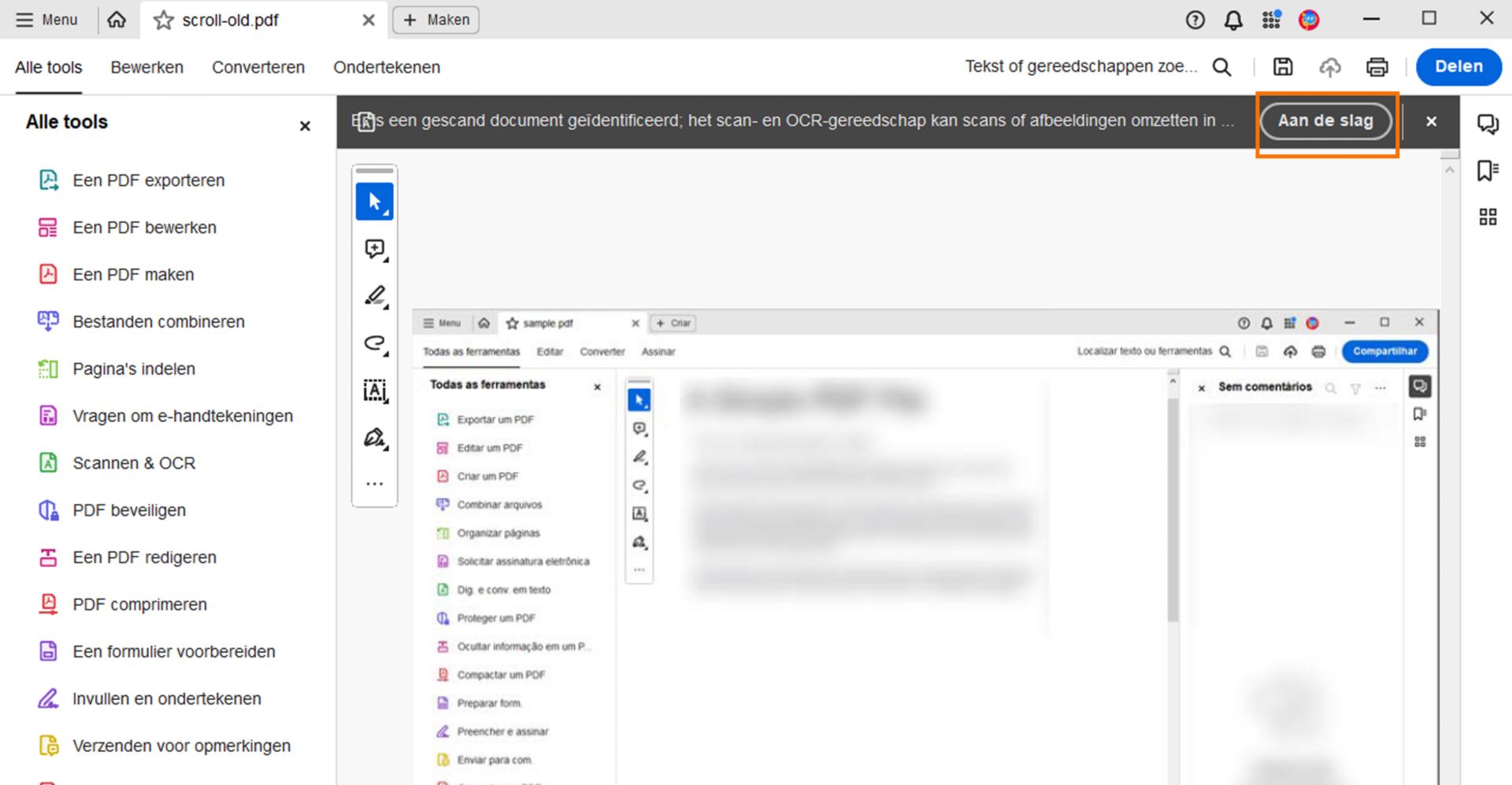 Vraag of u de tool Scannen en OCR wilt gebruiken voor een gescande PDF