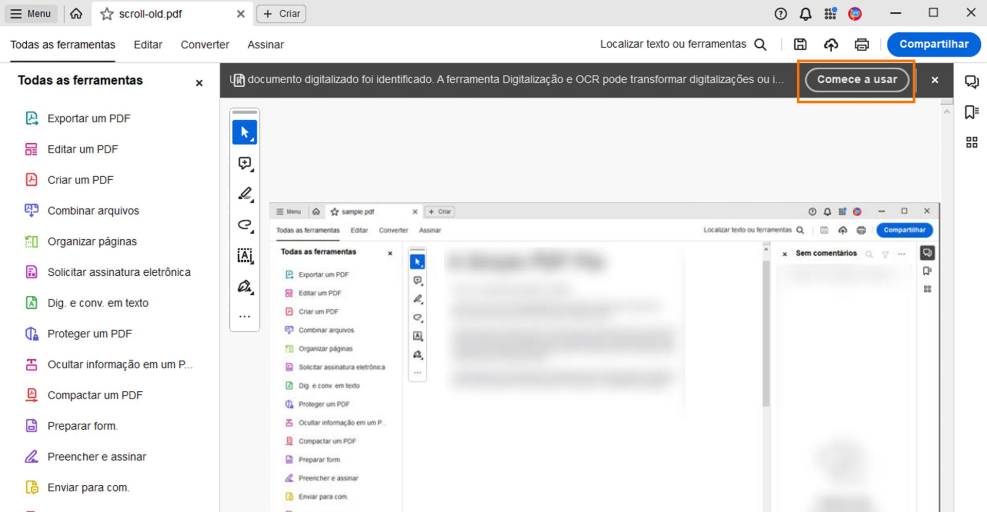 Aviso oferecendo o uso da ferramenta Scan & OCR para um PDF digitalizado