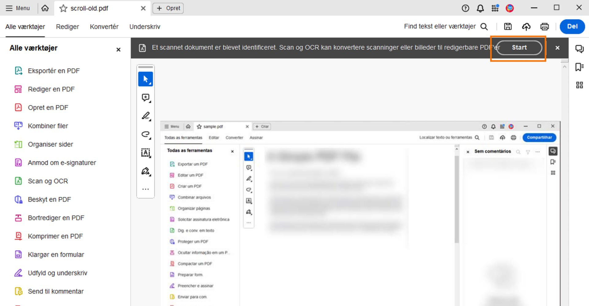Spørg, om værktøjet Scan og OCR skal bruges til en scannet PDF