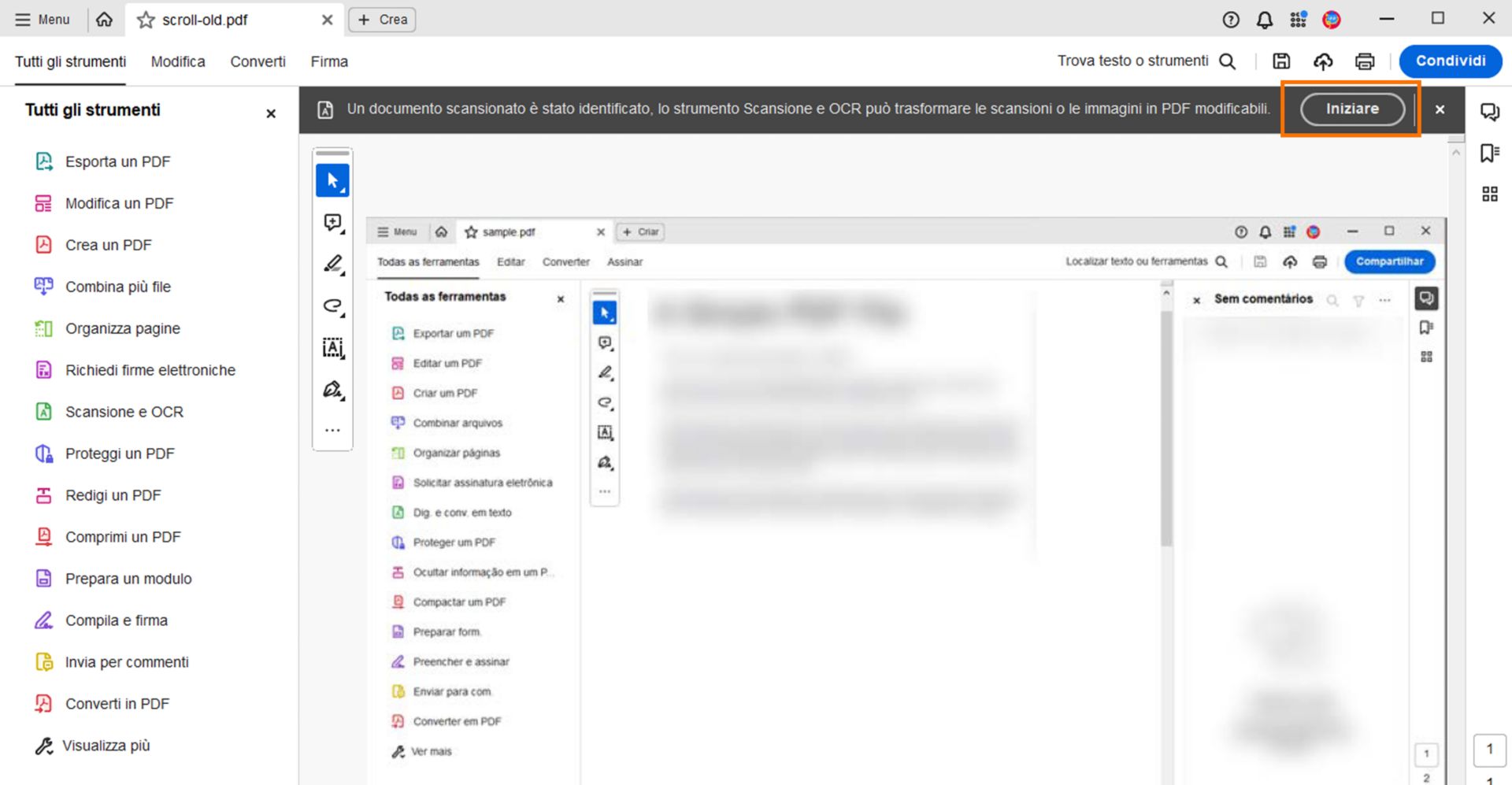Richiesta di utilizzo dello strumento Scansione e OCR per un PDF acquisito da scanner