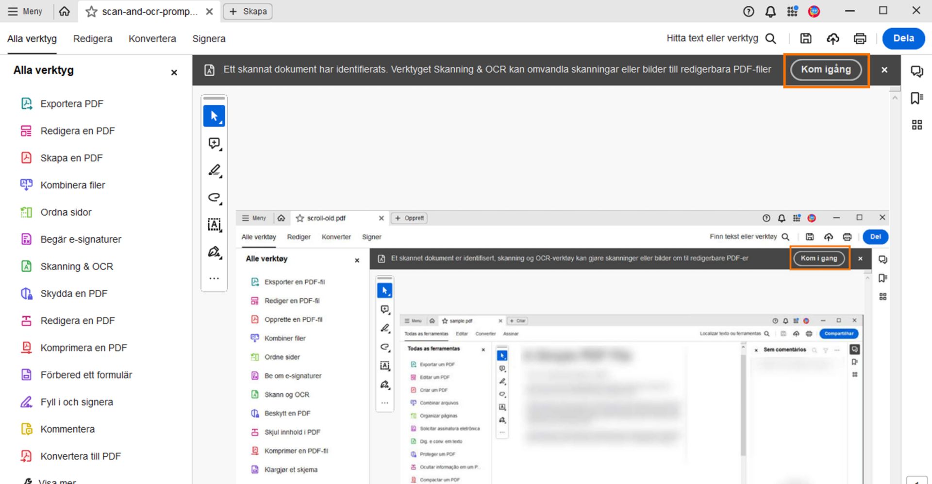 Uppmaning att använda verktyget för skanning och OCR för en skannad PDF-fil