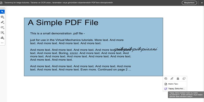 taranmış PDF'deki bir görüntü için kısayol menüsü