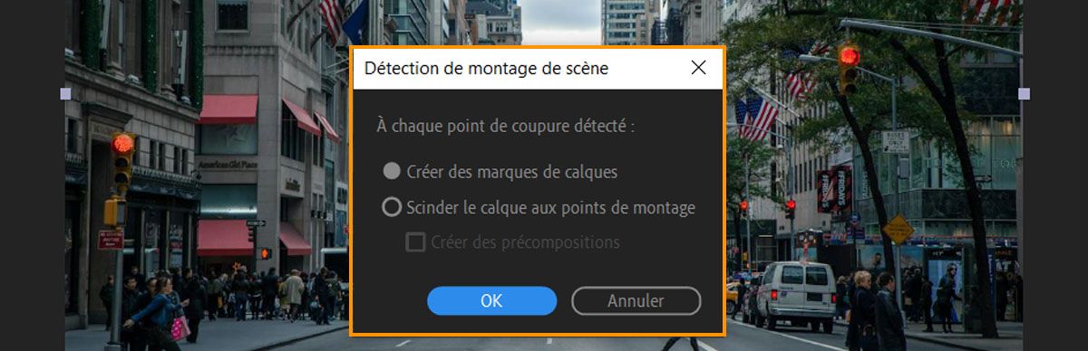 La boîte de dialogue Détection de montage de scène s’ouvre, affichant des options permettent de créer des créateurs de calques ou de scinder les calques lorsqu’un point de coupe est détecté dans le métrage.