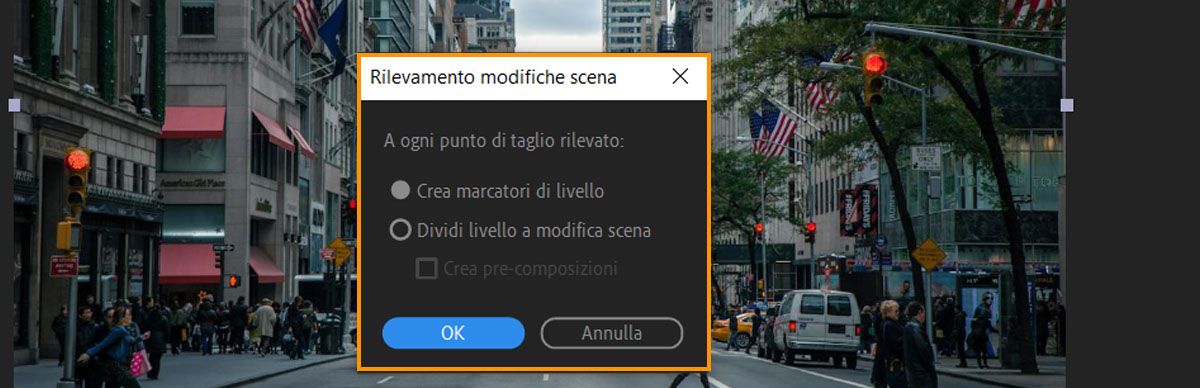 Finestra di dialogo Rilevamento modifiche scena aperta con disponibili le opzioni per creare marcatori di livelli o livelli suddivisi quando viene rilevato un punto di taglio nel metraggio.