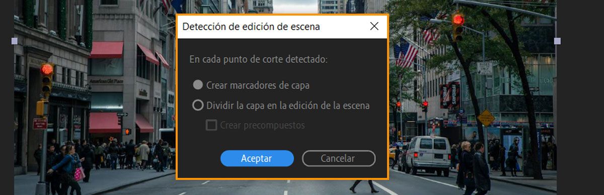Se abre el cuadro de diálogo Detección de edición de escena; hay opciones para generar creadores de capas o dividirlas cuando se detecta un punto de corte en el material de archivo.